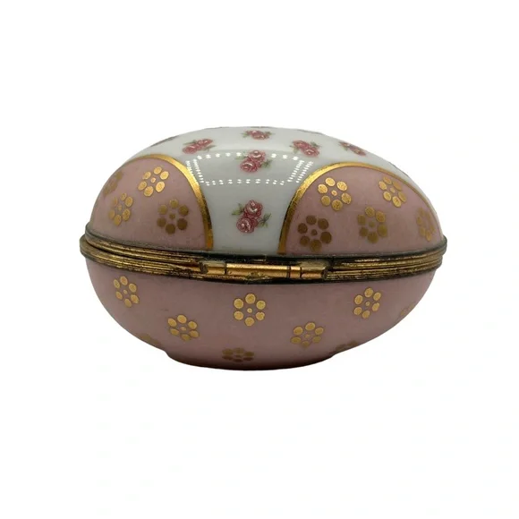 X Large Limoges France Hand Painted Rose Flower Egg Porcelain Pill Trinket Box